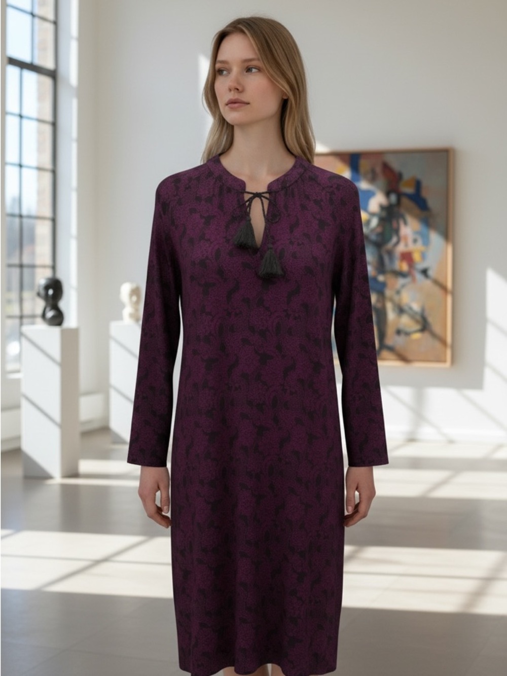 Banana Republic Women's Plum Long Sleeve Tassel-Front Floral Dress Size XS